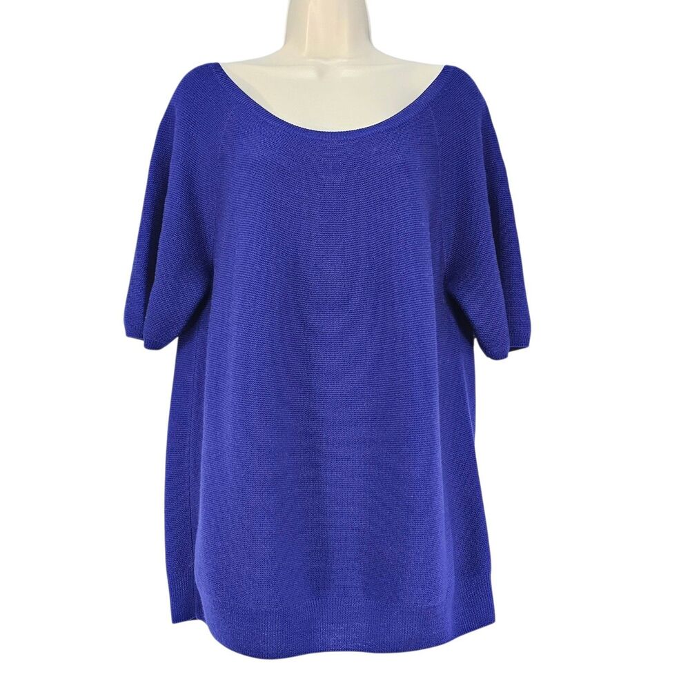 St. John Royal Blue 100% Wool Knit Short Sleeve Sweater Top, Size Large